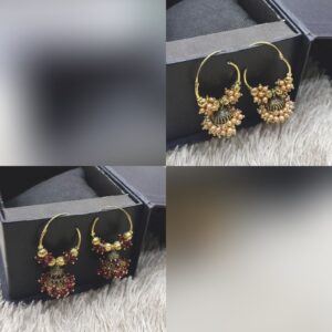 Gold-Toned Jhumka Hoop Earrings with Peach Pearl Accents
