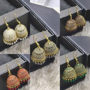 Multi-Color Jhumka Earrings with Pearl and Bead Accents