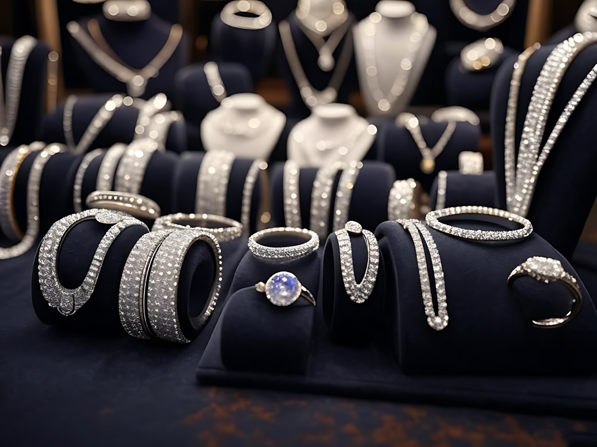 Display of artificial jewelry sets including sparkling bangles, rings, necklaces, and bracelets arranged on navy blue velvet stands.