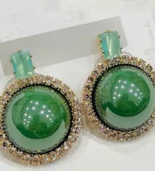 Green round stud earrings with a crystal border and mint top accent for artificial jewellery online shopping in Lahore.