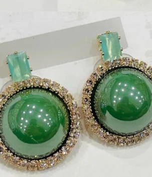 Green round stud earrings with a crystal border and mint top accent for artificial jewellery online shopping in Lahore.